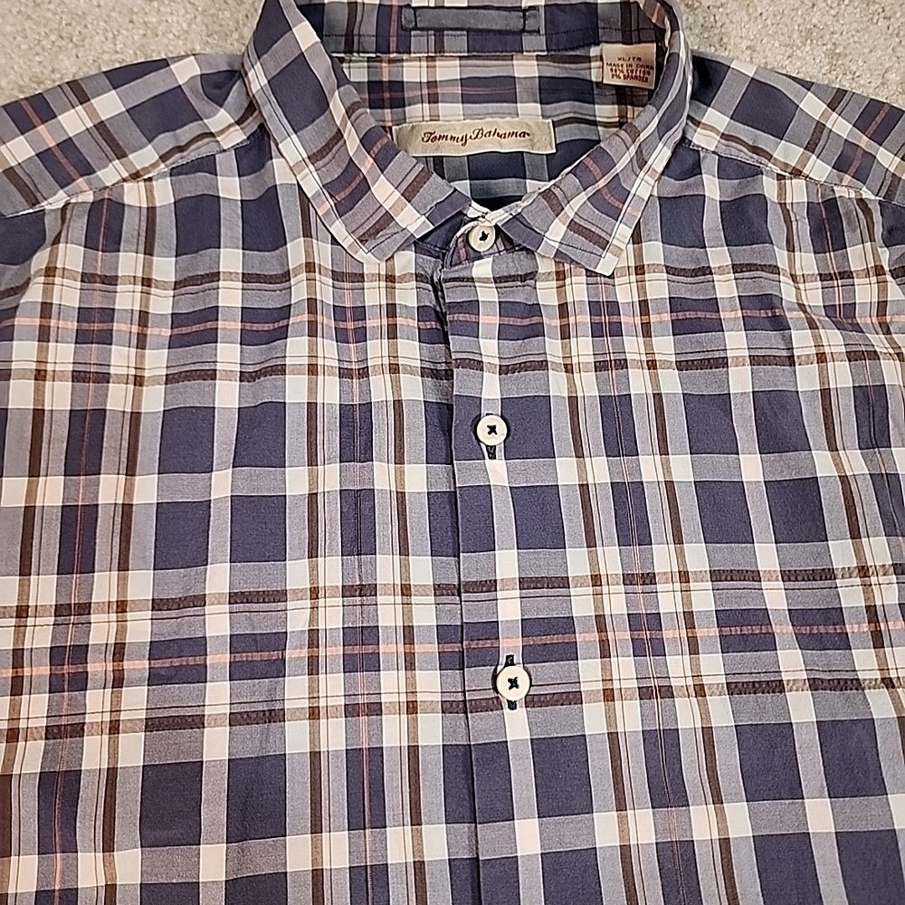 Tommy Bahama Shirt Mens XL Blue White Plaid Short Sleeve Cotton Stretch ButtonUp